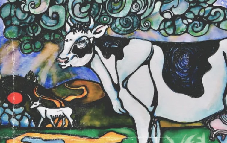 Ink and watercolor painting in a stained-glass style: a white cow with black patches stands under swirling teal clouds, beside a small white antelope, rolling hills, and a red sun.